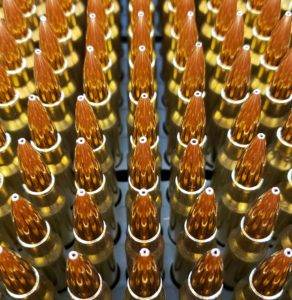 .308 Winchester Remanufactured Rifle Ammunition 168 grain hollow point ammo close up of ammo lined up in an ammo tray. Manufactured by Ammo by Pistol Pete